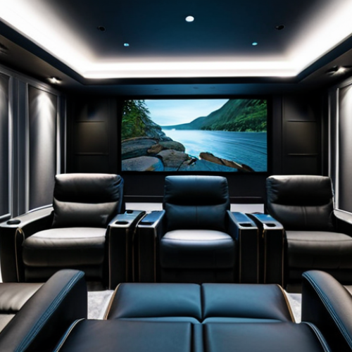A state-of-the-art home cinema room designed for an immersive experience. A massive 120-inch projector screen displays a vibrant, high-definition nature documentary scene. Surrounding the viewer are sleek, dark-colored floor-standing speakers and discrete in-ceiling speakers, showcasing a premium Dolby Atmos setup. The walls are lined with professional acoustic panels in a muted gray tone. Comfortable, modern recliners with built-in cup holders are arranged neatly. The intelligent ambient LED lighting is subtly dimmed to create a perfect cinematic atmosphere.
    safe for work, appropriate content, fully clothed (by context), professional, perfect anatomy (for any implied human presence), correct proportions, natural pose, high-quality professional photography, ultra-detailed, sharp focus, rich colors, cinematic lighting, modern aesthetic.