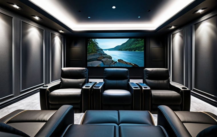 A state-of-the-art home cinema room designed for an immersive experience. A massive 120-inch projector screen displays a vibrant, high-definition nature documentary scene. Surrounding the viewer are sleek, dark-colored floor-standing speakers and discrete in-ceiling speakers, showcasing a premium Dolby Atmos setup. The walls are lined with professional acoustic panels in a muted gray tone. Comfortable, modern recliners with built-in cup holders are arranged neatly. The intelligent ambient LED lighting is subtly dimmed to create a perfect cinematic atmosphere.
safe for work, appropriate content, fully clothed (by context), professional, perfect anatomy (for any implied human presence), correct proportions, natural pose, high-quality professional photography, ultra-detailed, sharp focus, rich colors, cinematic lighting, modern aesthetic.